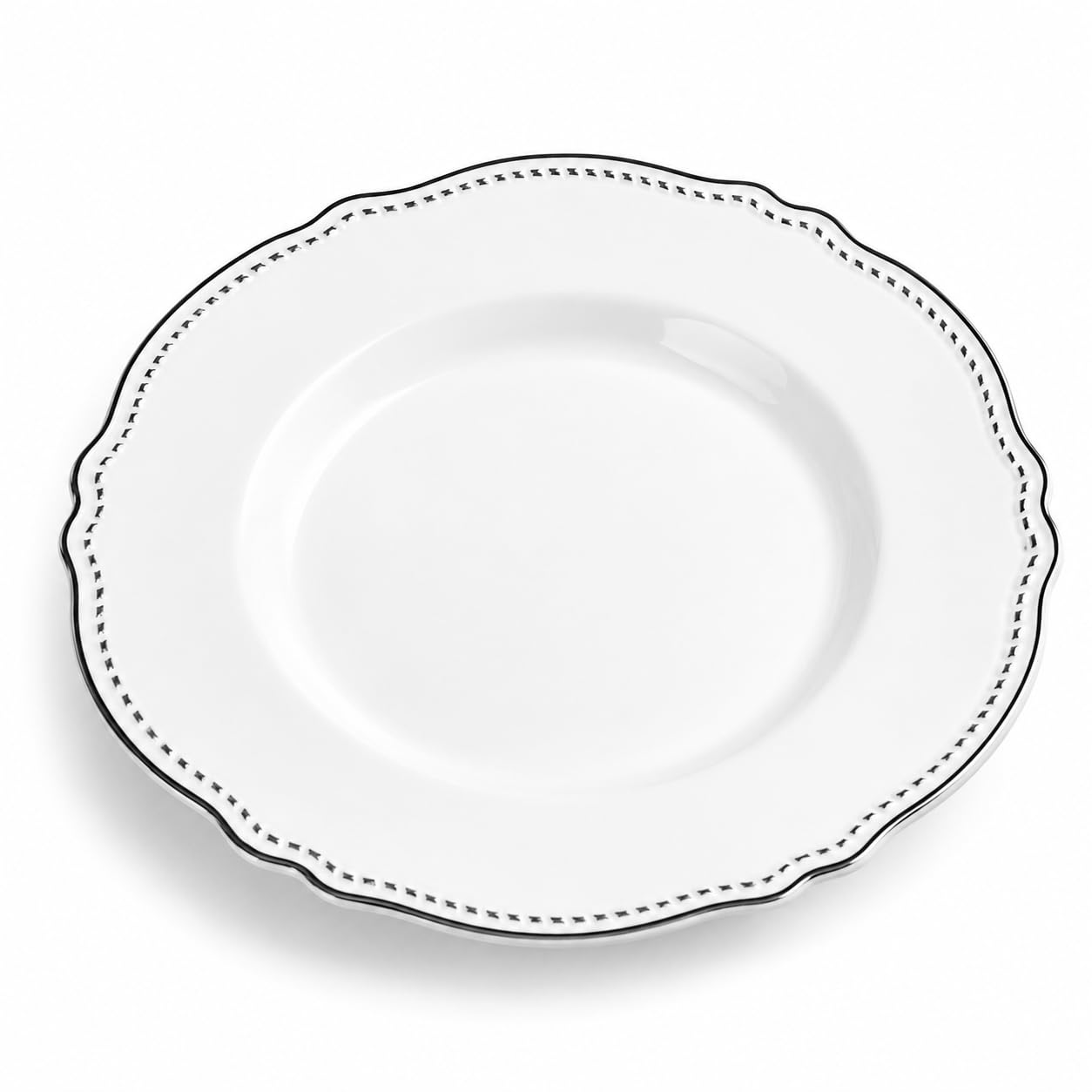Glownary Heirloom Round Plastic Plates, 10 Inch White with Silver Vintage Rim, BPA Free Disposable Dinner Plates for Events and Weddings, 12 Count