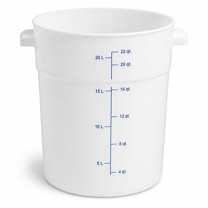 Glownary 22 Qt Round Food Storage Container, Blue/White Polyethylene, with Handles and Measurement Guides, NSF Listed, Stackable, 14 15/16 x 12 1/4 Inches