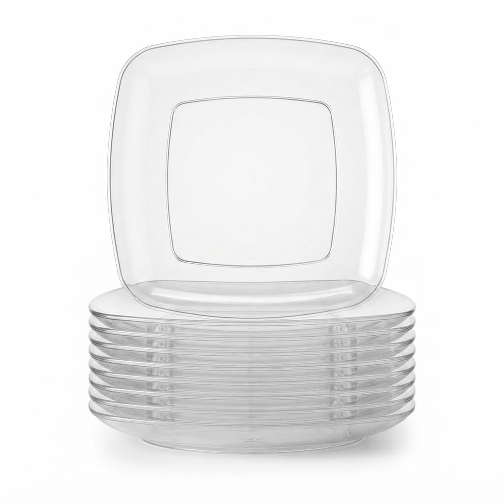 Glownary Square Plastic Dinner Plates, Clear, 10 Inch, BPA Free, Coupe Style, Disposable, for Events and Weddings, 120 Count
