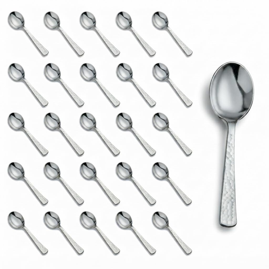 Glownary Hammered Silver Plastic Soup Spoons, Heavy Weight, 5 7/8 Inches, 50 Pack, Disposable Metallic Flatware