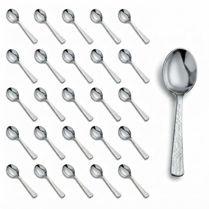 Glownary Hammered Silver Plastic Soup Spoons, Heavy Weight, 5 7/8 Inches, 50 Pack, Disposable Metallic Flatware