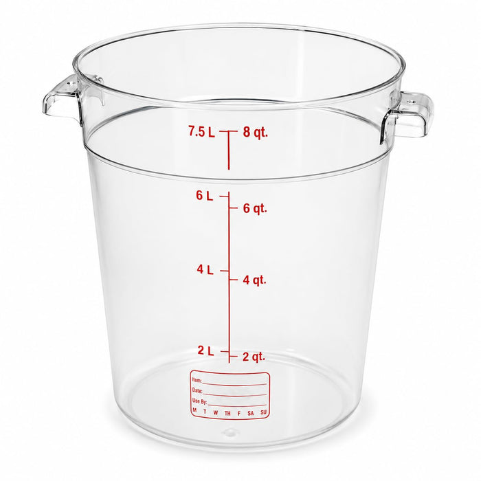 Glownary 8 Qt Round Polycarbonate Food Storage Container with Red Gradations, Clear, NSF Listed, Stackable, Dishwasher Safe, 10.75 Inches Height