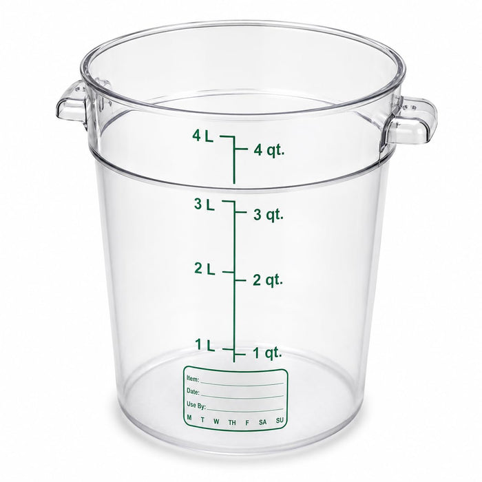 Glownary 4 Qt Clear Round Polycarbonate Food Storage Container with Green Graduations, NSF Listed, Stackable, Dishwasher Safe, 8.7x6.8x7.1 Inches