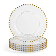 Glownary Clear Round Plastic Dinner Plate with Gold Beaded Rim, 10 Inch, BPA Free, Disposable, 12 Count, for Events and Weddings