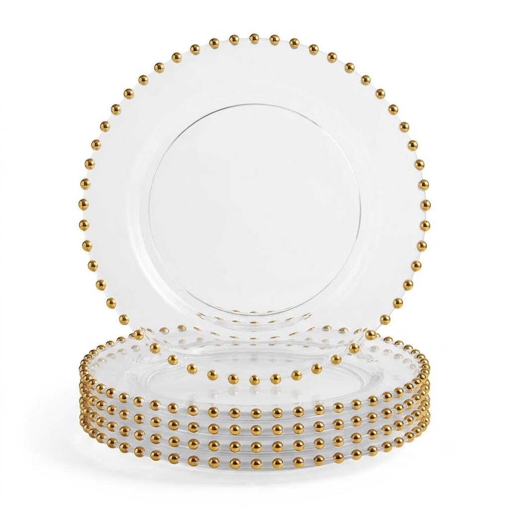 Glownary Clear Round Plastic Dinner Plate with Gold Beaded Rim, 10 Inch, BPA Free, Disposable, 12 Count, for Events and Weddings