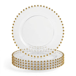 Glownary Clear Round Plastic Dinner Plate with Gold Beaded Rim, 10 Inch, BPA Free, Disposable, 12 Count, for Events and Weddings