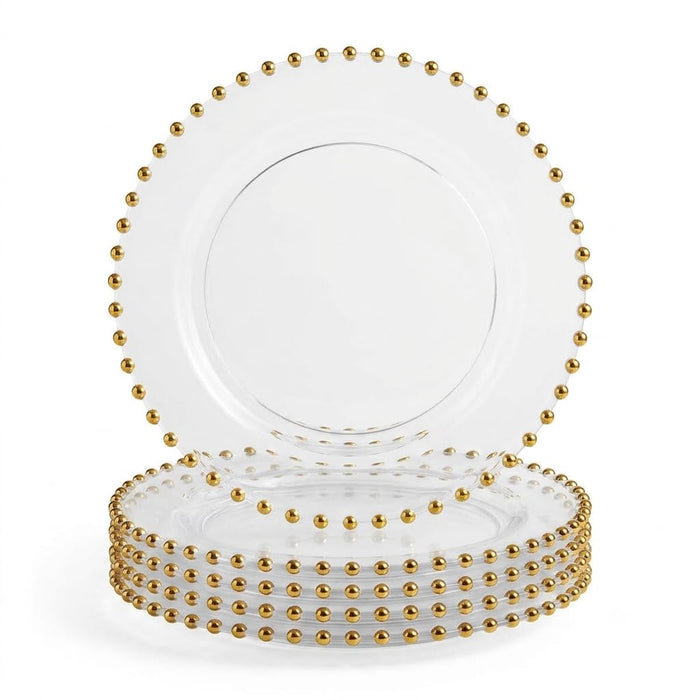 Glownary Clear Round Plastic Dinner Plate with Gold Beaded Rim, 10 Inch, BPA Free, Disposable, 12 Count, for Events and Weddings