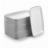 Glownary Coupe Dynasty Rectangular Plastic Platter, White with Silver Band, 9.5 x 6.25 Inch, BPA Free, 120 Count, for Events and Weddings
