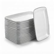 Glownary Coupe Dynasty Rectangular Plastic Platter, White with Silver Band, 9.5 x 6.25 Inch, BPA Free, 120 Count, for Events and Weddings