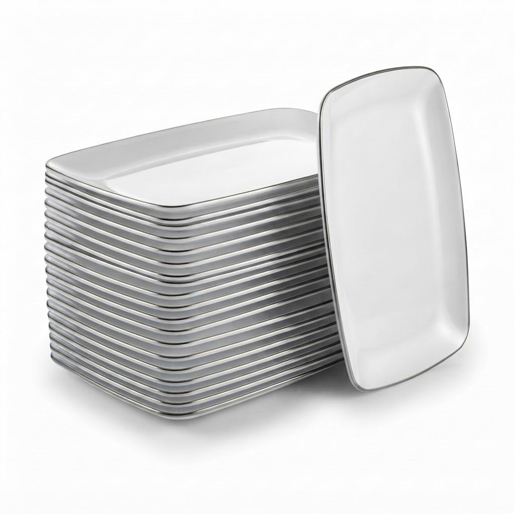 Glownary Coupe Dynasty Rectangular Plastic Platter, White with Silver Band, 9.5 x 6.25 Inch, BPA Free, 120 Count, for Events and Weddings