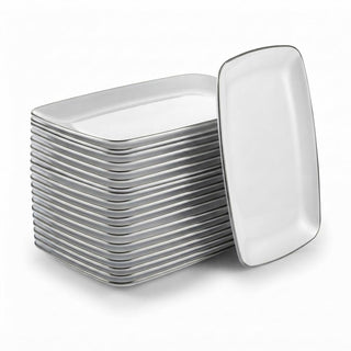 Glownary Coupe Dynasty Rectangular Plastic Platter, White with Silver Band, 9.5 x 6.25 Inch, BPA Free, 120 Count, for Events and Weddings