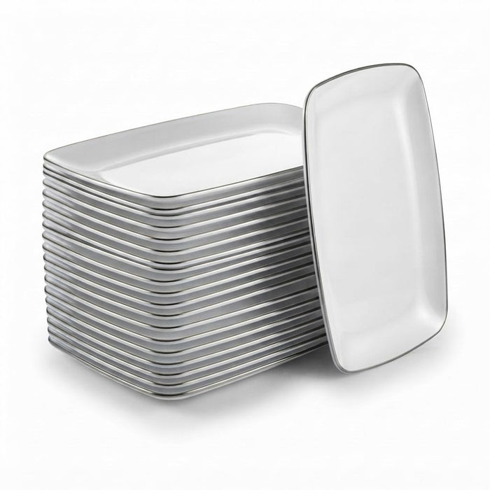 Glownary Coupe Dynasty Rectangular Plastic Platter, White with Silver Band, 9.5 x 6.25 Inch, BPA Free, 120 Count, for Events and Weddings