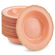 Glownary Heirloom Round Plastic Bowl, 10 oz, Blush Pink with Gold Rim, Disposable, BPA Free, 7.5 Inch Diameter, 120 Count