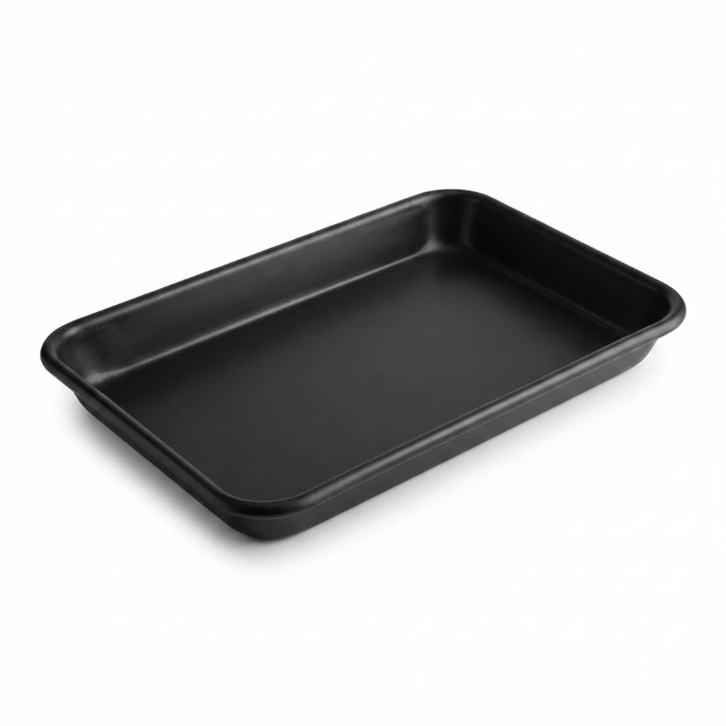 Eighth Size Non-Stick Aluminum Sheet Pan, Black, 19 Gauge Wire Rim, 6.5 x 9.5 Inch, Rectangle Bun Tray for Food Service