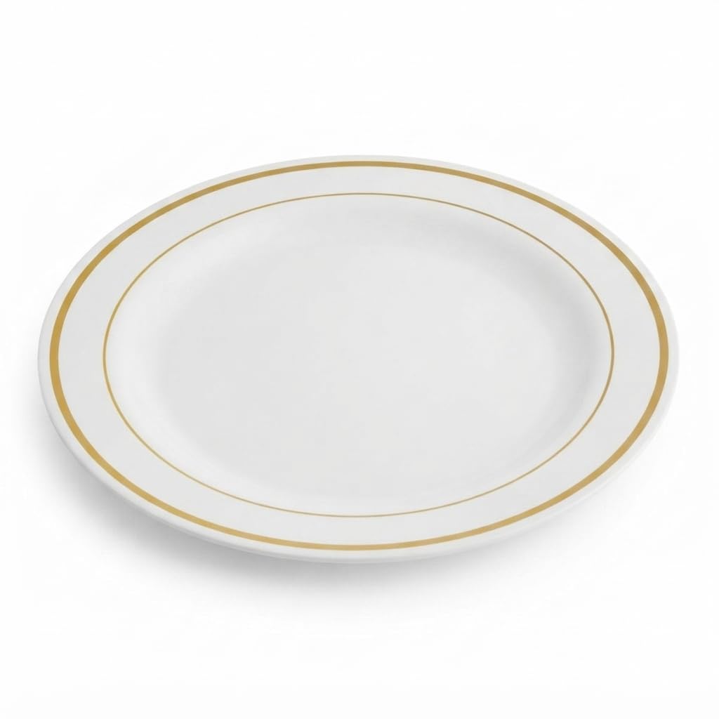 Glownary Halo White Plastic Plates with Gold Bands, 7.5 Inch Round, Disposable, BPA Free, for Events and Weddings, 15 Count