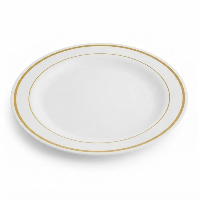 Glownary Halo White Plastic Plates with Gold Bands, 7.5 Inch Round, Disposable, BPA Free, for Events and Weddings, 15 Count