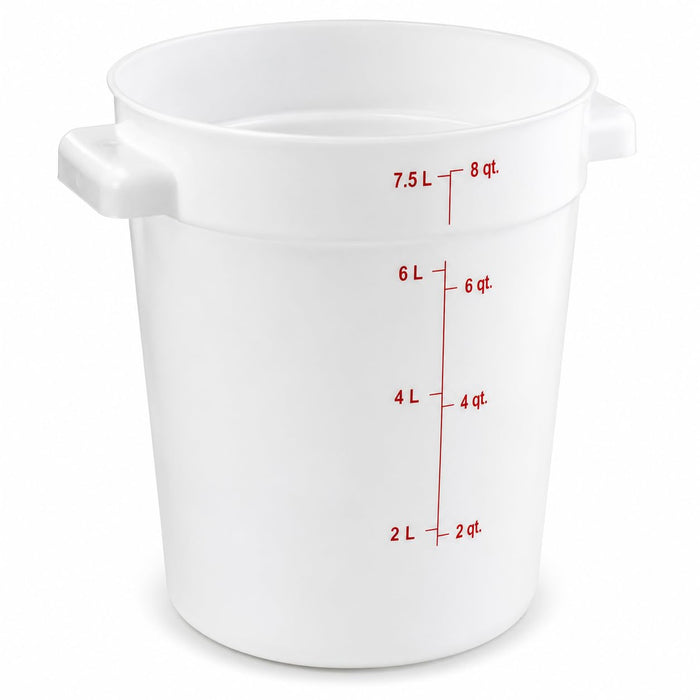Glownary 8 Qt Round Food Storage Container, White Polyethylene, BPA Free, NSF Listed, with Measurement Guides and Handles, 10.75 Inches Height, Stackable, Commercial Grade
