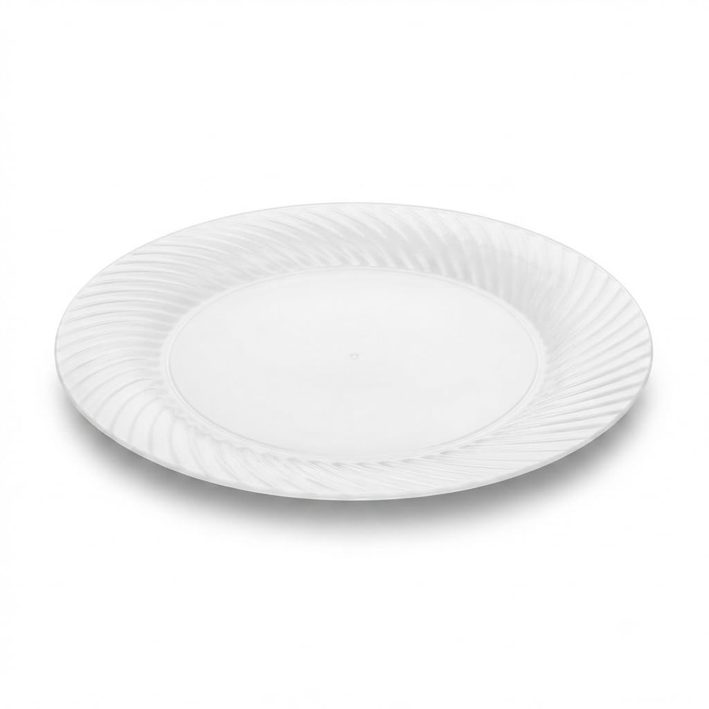 Glownary Wave White Plastic Plates, 9 Inch Round, Polystyrene, Scalloped Edge, BPA Free, for Weddings and Events, 18 Count