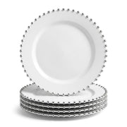 Glownary Beaded Round Plastic Dinner Plate, 10 Inch White with Silver Rim, BPA Free, Disposable, 12 Count