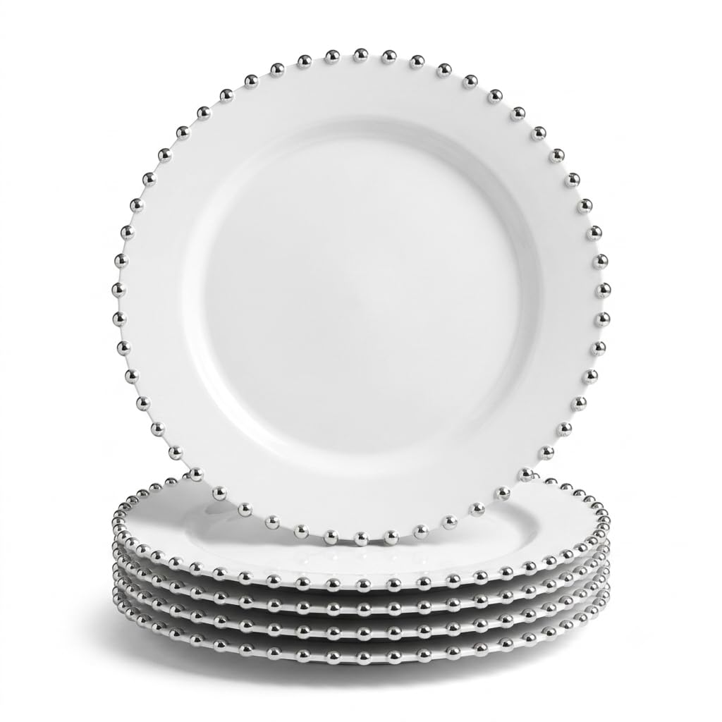 Glownary Beaded Round Plastic Dinner Plate, 10 Inch White with Silver Rim, BPA Free, Disposable, 12 Count