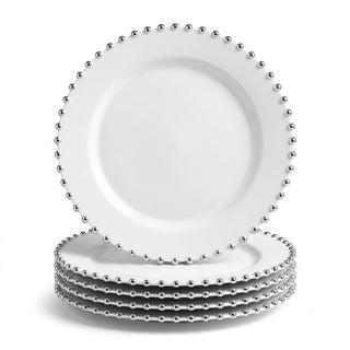 Glownary Beaded Round Plastic Dinner Plate, 10 Inch White with Silver Rim, BPA Free, Disposable, 12 Count