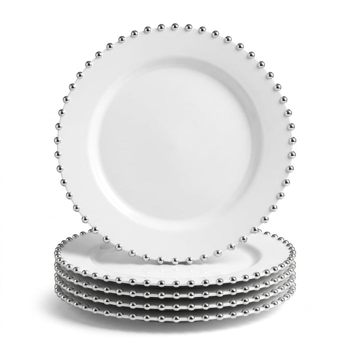 Glownary Beaded Round Plastic Dinner Plate, 10 Inch White with Silver Rim, BPA Free, Disposable, 12 Count