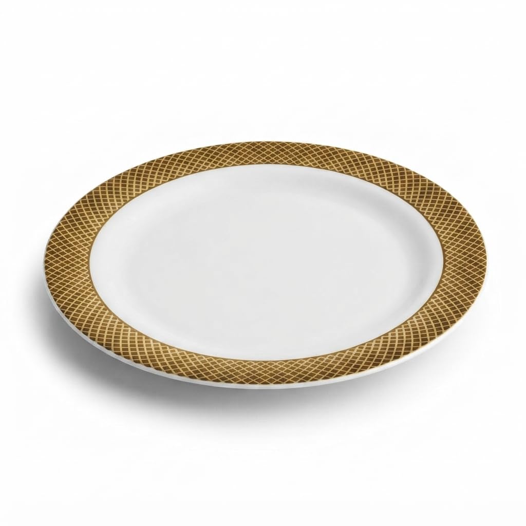 Glownary Lattice White Plastic Dinner Plates, 10 Inch, Gold Rim Design, BPA Free, Disposable, 12 Count