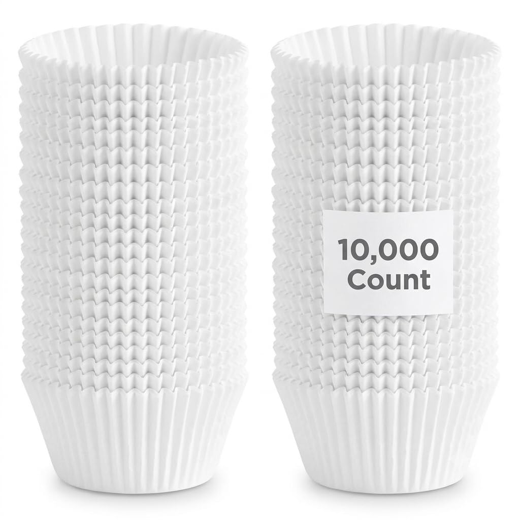 White Fluted Paper Baking Cups, Standard 2 oz Size, Oven Safe to 450F, Microwave and Freezer Safe, 10000 Count