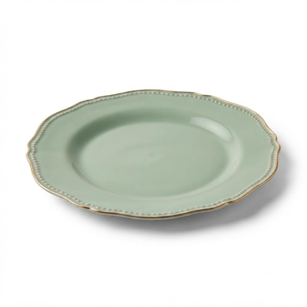 Glownary Heirloom 9 Inch Round Plastic Plate, Eucalyptus Green with Gold Vintage Rim, BPA Free, Disposable, 12 Count