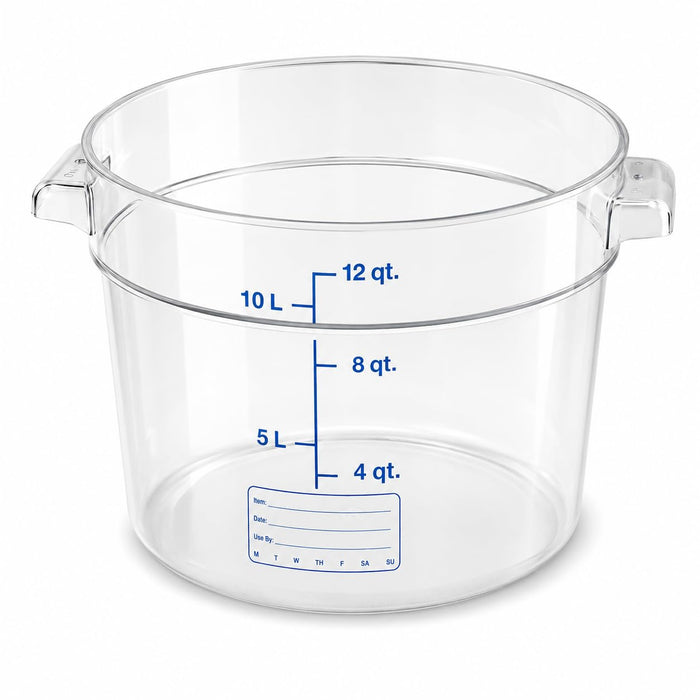 Glownary 12 Qt Round Polycarbonate Food Storage Container with Blue Gradations, Clear, NSF Listed, Stackable, Dishwasher Safe, 8.3 x 12.2 Inch