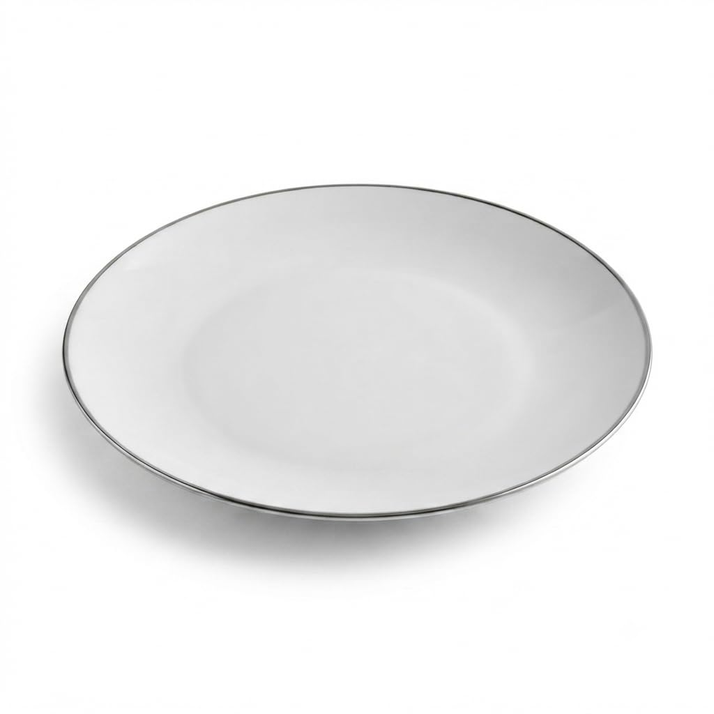 Glownary Coupe Dynasty White Round Plastic Plates with Silver Band, 10 Inch, BPA Free, Recyclable, 12 Count, for Events and Weddings