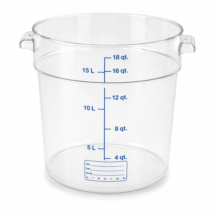 Glownary 18 Qt Round Polycarbonate Food Storage Container with Blue Gradations, Clear, Commercial Grade, Stackable, NSF Listed, 11.875 x 12.375 Inches