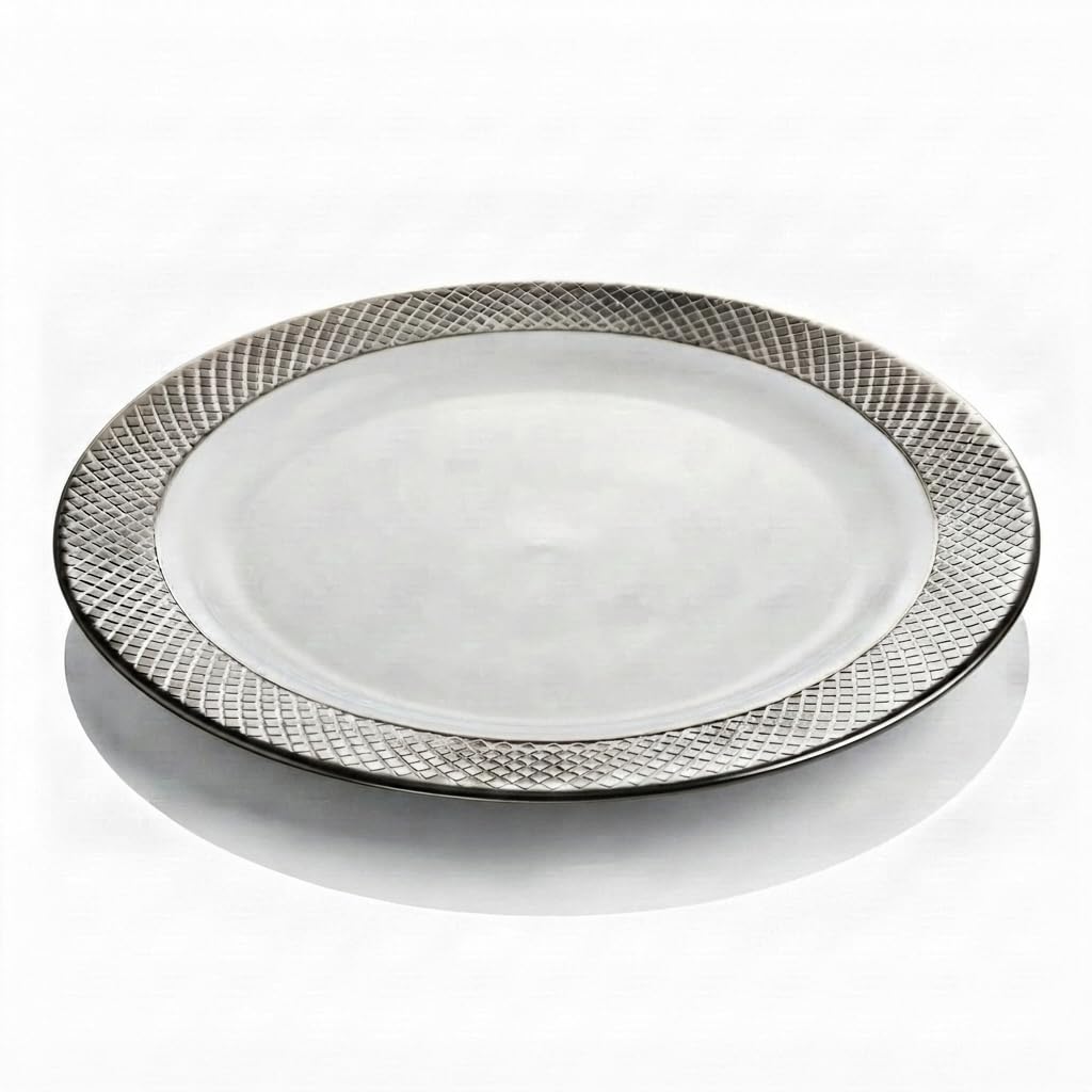 Glownary Lattice White Plastic Dinner Plate, 10.25 Inch Round, Silver Decorative Rim Design, BPA Free, 12 Count Sample Pack