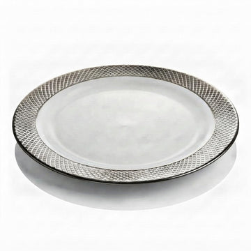 Glownary Lattice White Plastic Dinner Plate, 10.25 Inch Round, Silver Decorative Rim Design, BPA Free, 12 Count Sample Pack