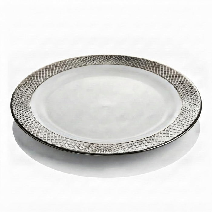 Glownary Lattice White Plastic Dinner Plate, 10.25 Inch Round, Silver Decorative Rim Design, BPA Free, 12 Count Sample Pack