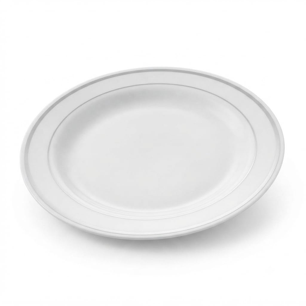 Glownary Halo White Plastic Plates with Silver Bands, 7.5 Inch Round, BPA Free Disposable Polystyrene, 15 Count, for Appetizers, Desserts and Events