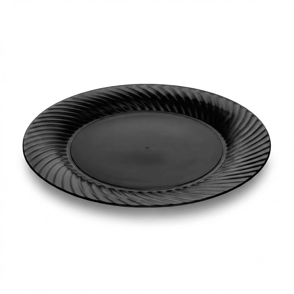 Glownary Wave Black Plastic Plates, 9 Inch Round, BPA Free Disposable, Polystyrene, 18 Count, Scalloped Edge, for Weddings and Events