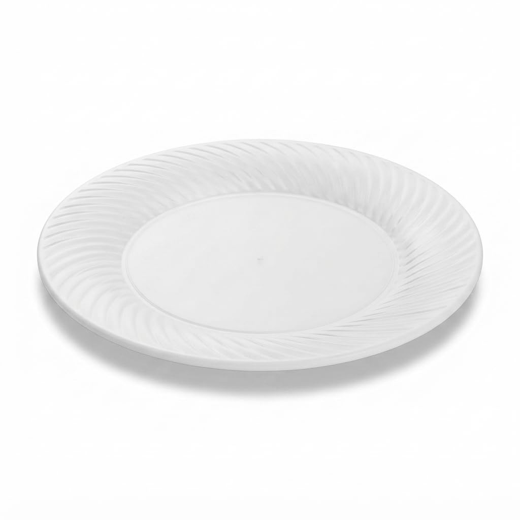 Glownary Wave White Plastic Plates, 7 Inch Round, Polystyrene, Scalloped Edge, BPA Free, for Weddings and Events, 18 Count