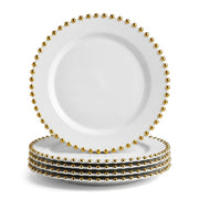 Glownary White Plastic Plates with Gold Beaded Rim, 7.5 Inch Round, BPA Free, Disposable, 12 Count, for Weddings and Events