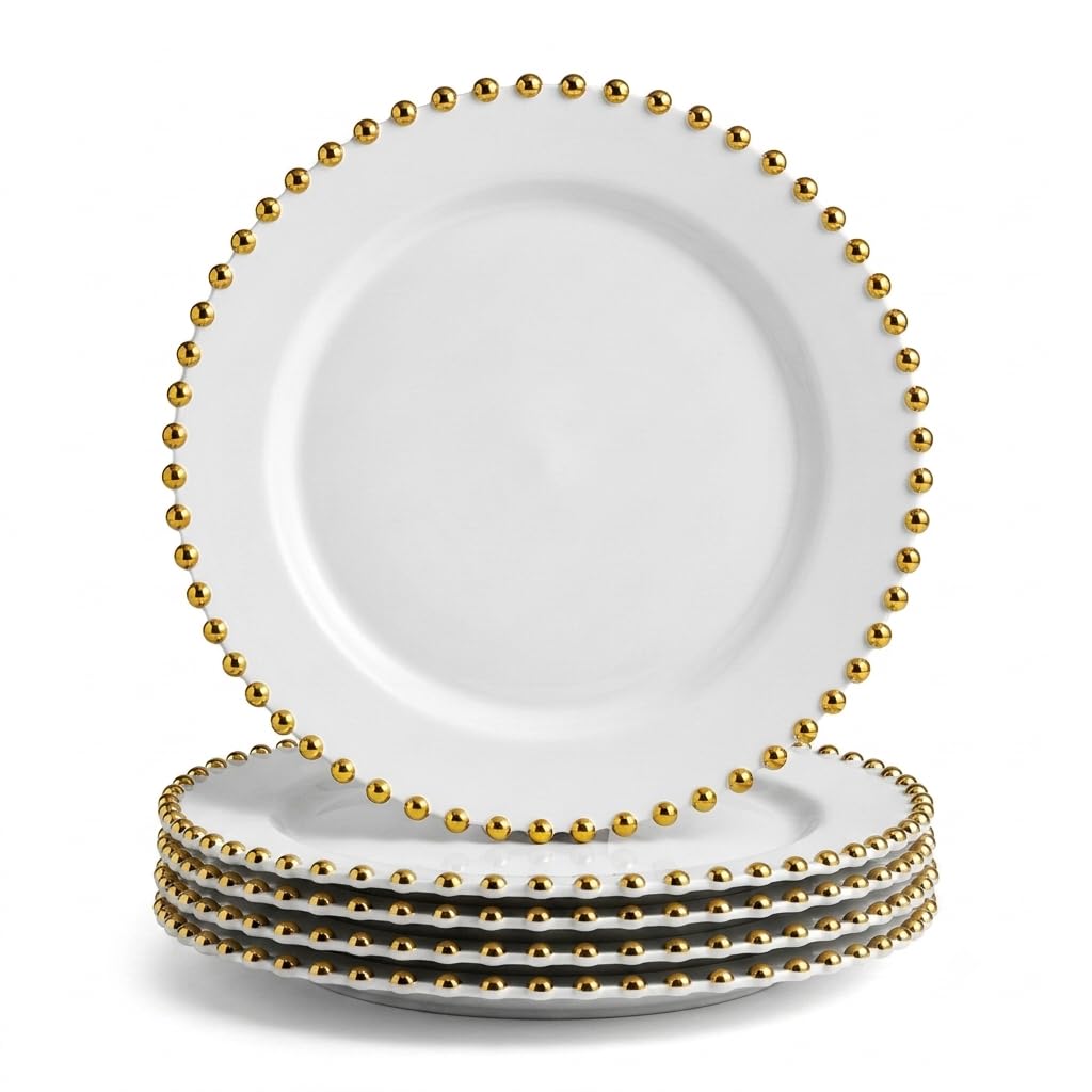 Glownary White Plastic Plates with Gold Beaded Rim, 7.5 Inch Round, BPA Free, Disposable, 12 Count, for Weddings and Events