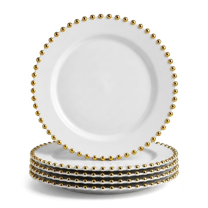 Glownary White Plastic Plates with Gold Beaded Rim, 7.5 Inch Round, BPA Free, Disposable, 12 Count, for Weddings and Events