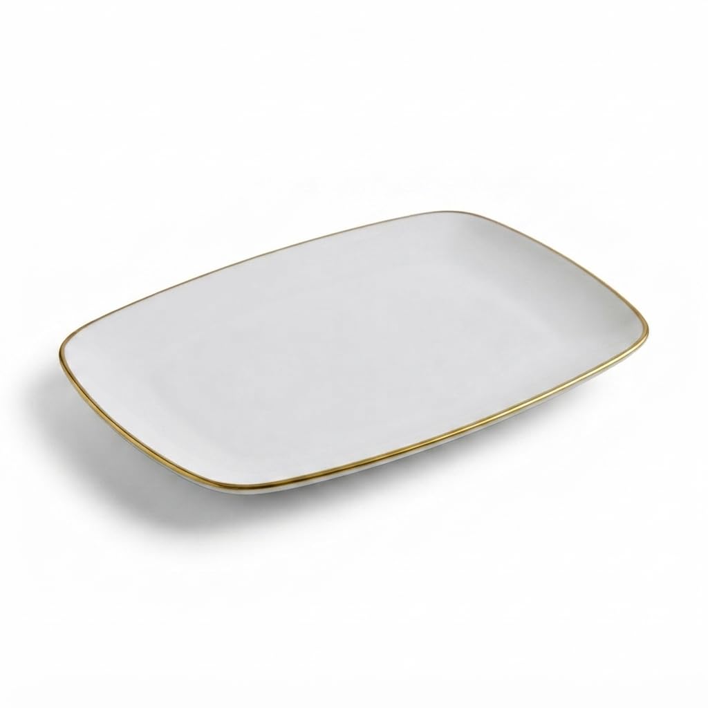 Glownary Coupe Dynasty White Rectangular Plastic Platter with Gold Band, 12.75 x 8.25 Inch, BPA Free, Disposable, for Events and Weddings, 10 Count Sample