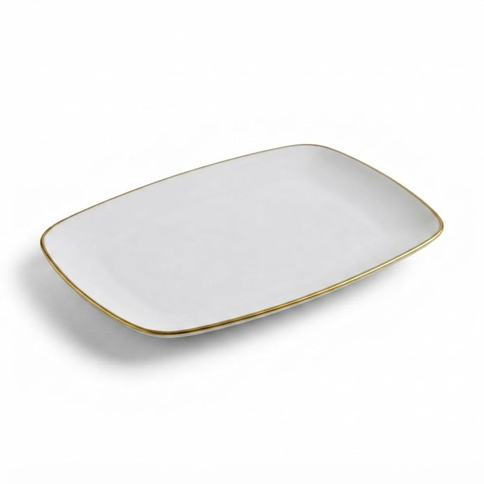 Glownary Coupe Dynasty White Rectangular Plastic Platter with Gold Band, 12.75 x 8.25 Inch, BPA Free, Disposable, for Events and Weddings, 10 Count Sample