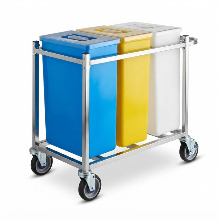 Glownary Mobile Triple Ingredient Storage Bin, 30 Gallon Capacity, Blue/White/Yellow, Polycarbonate with Cart, Rectangle Shape, Commercial Kitchen Use