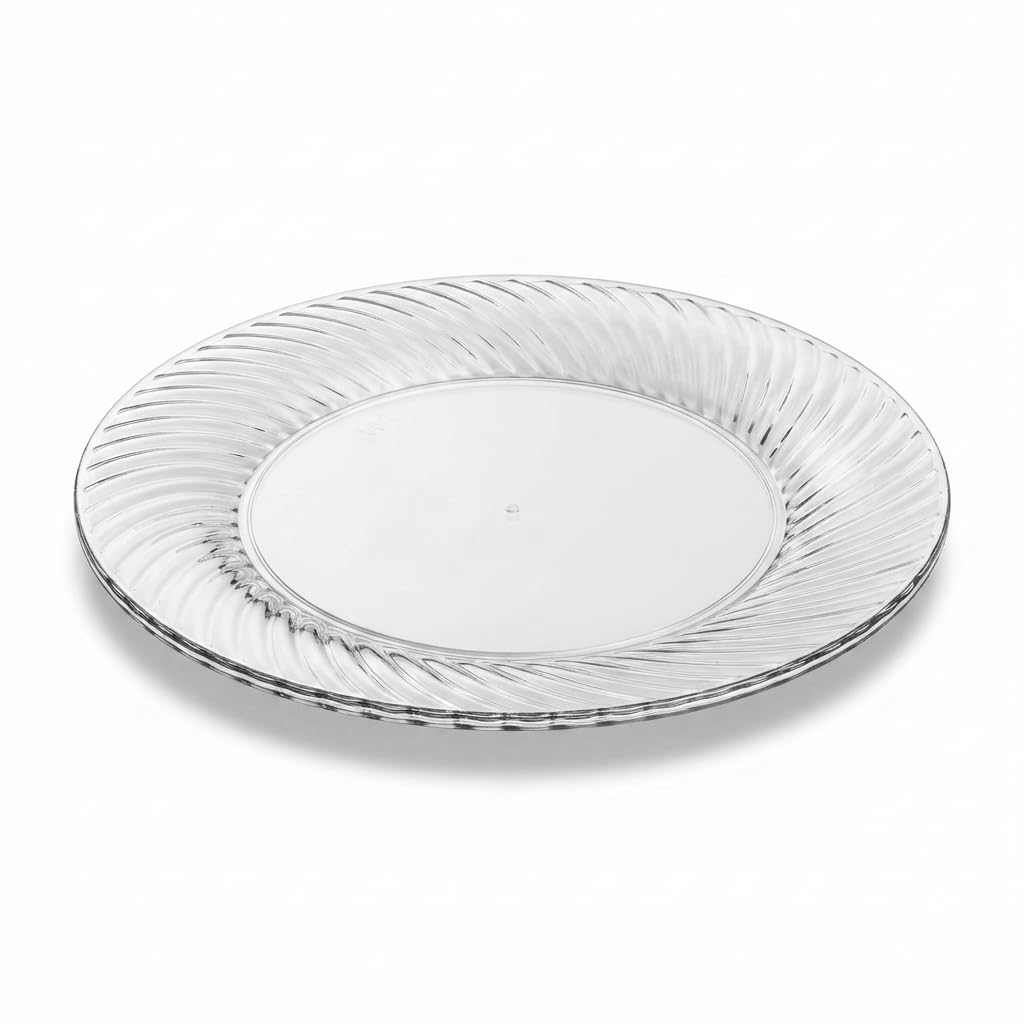 Glownary Wave Clear Plastic Plates, 7 Inch, Polystyrene, Round, Scalloped Edge, for Weddings and Events, BPA Free, 18 Count