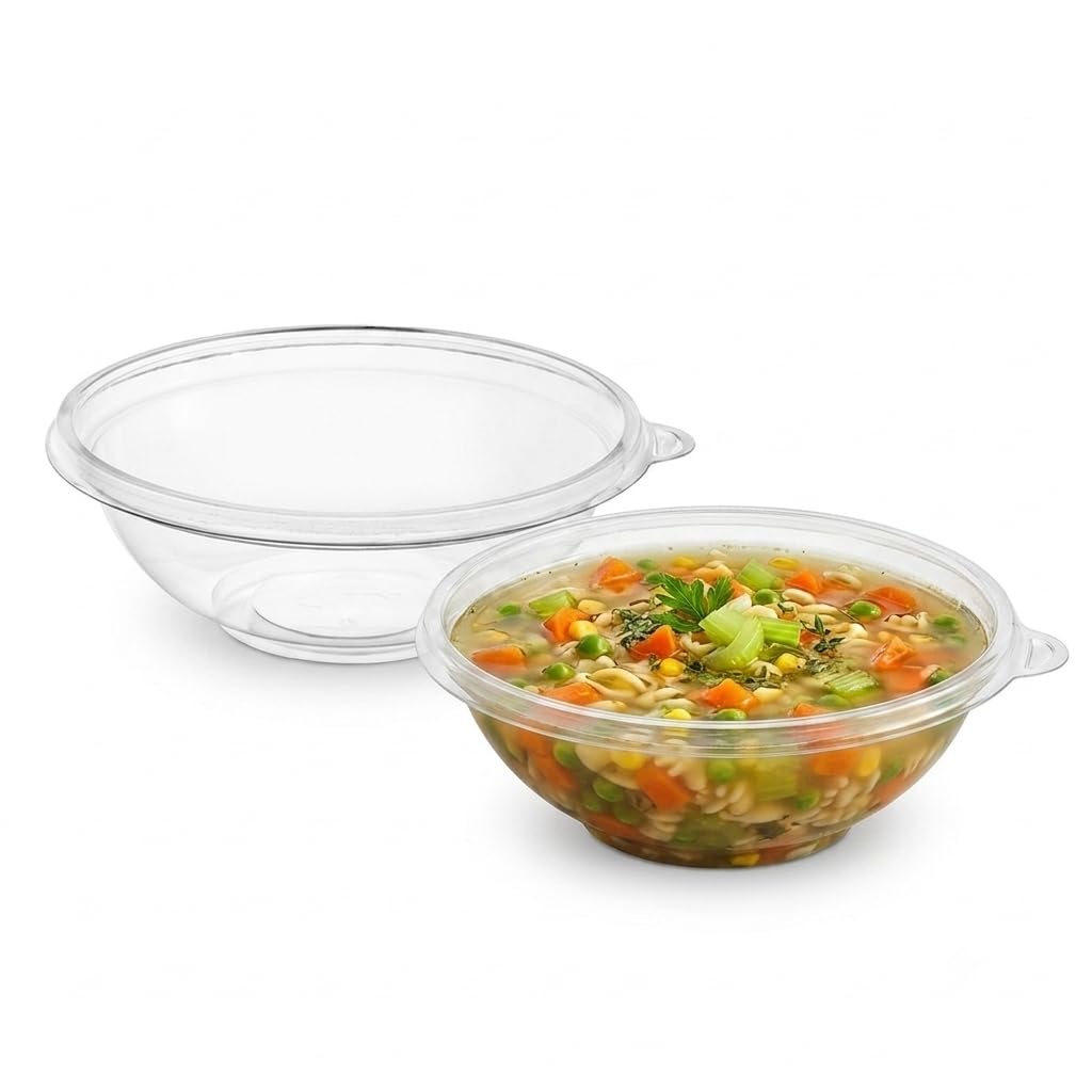 Glownary Round Serving Bowl, 8 oz Clear PET Plastic, 5.5 Inch Diameter, Stackable Catering Bowls for Cold Food, 50 Pack