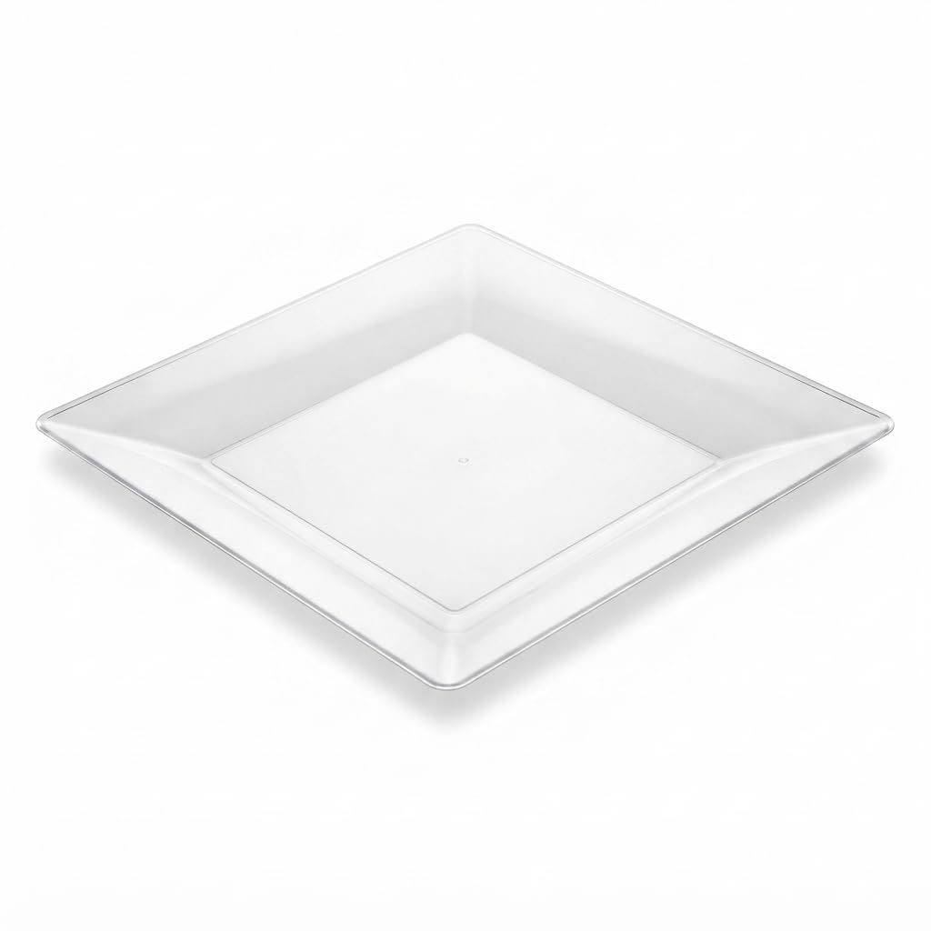 Glownary Square Clear Plastic Plates, 8 Inch, BPA Free Polystyrene, Wide Rim Design for Events and Weddings, 10 Count Sample Pack