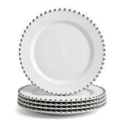 Glownary White Round Plastic Plates with Silver Beaded Rim, 7.5 Inch, BPA Free, Disposable, 12 Count, for Events and Weddings