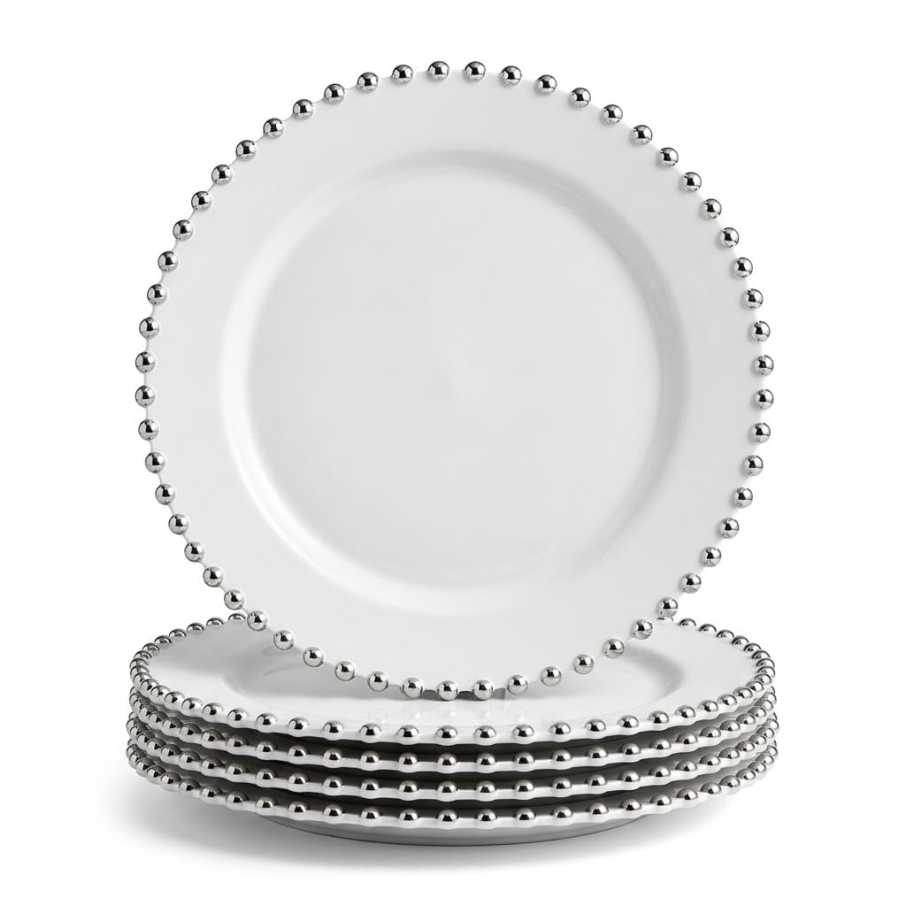 Glownary White Round Plastic Plates with Silver Beaded Rim, 7.5 Inch, BPA Free, Disposable, 12 Count, for Events and Weddings