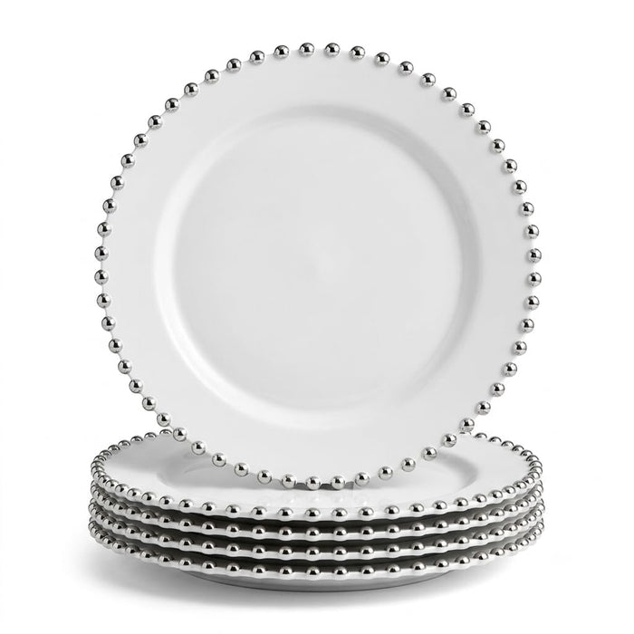 Glownary White Round Plastic Plates with Silver Beaded Rim, 7.5 Inch, BPA Free, Disposable, 12 Count, for Events and Weddings